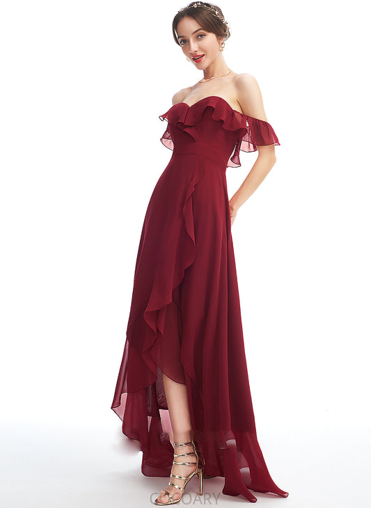 Fabric Length Silhouette Embellishment Off-the-Shoulder A-Line Neckline Ruffle Asymmetrical SplitFront Elsa Scoop Bridesmaid Dresses