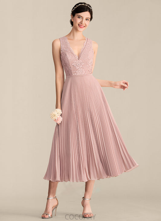 Tea-Length A-Line Fabric Neckline Silhouette Length Pleated Embellishment V-neck Yasmin Natural Waist Sheath/Column Bridesmaid Dresses