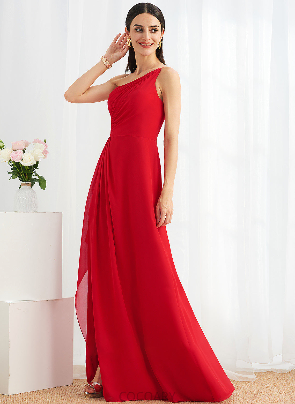 Ruffle Neckline A-Line Floor-Length One-Shoulder Length Fabric Embellishment Silhouette SplitFront Tiana Floor Length Bridesmaid Dresses