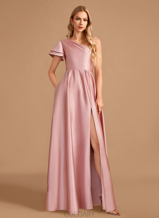 Length A-Line Floor-Length Fabric Neckline Embellishment SplitFront Silhouette One-Shoulder Makaila V-Neck Sleeveless Bridesmaid Dresses