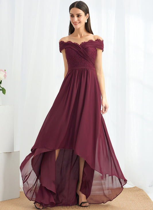 Off-the-Shoulder Embellishment Length Fabric Lace Silhouette Asymmetrical A-Line Neckline Kassidy Spaghetti Staps Floor Length Bridesmaid Dresses