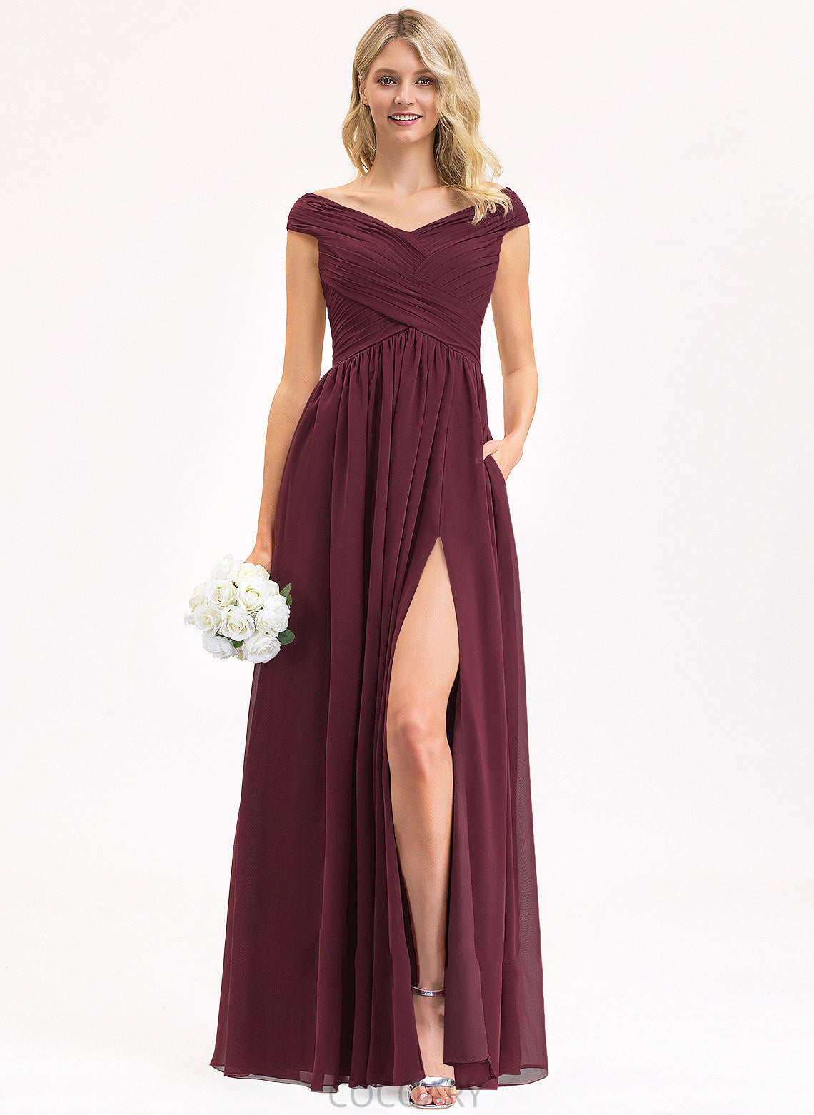 Length Floor-Length A-Line Fabric Silhouette SplitFront Neckline Ruffle Off-the-Shoulder Embellishment Pockets Taliyah Bridesmaid Dresses