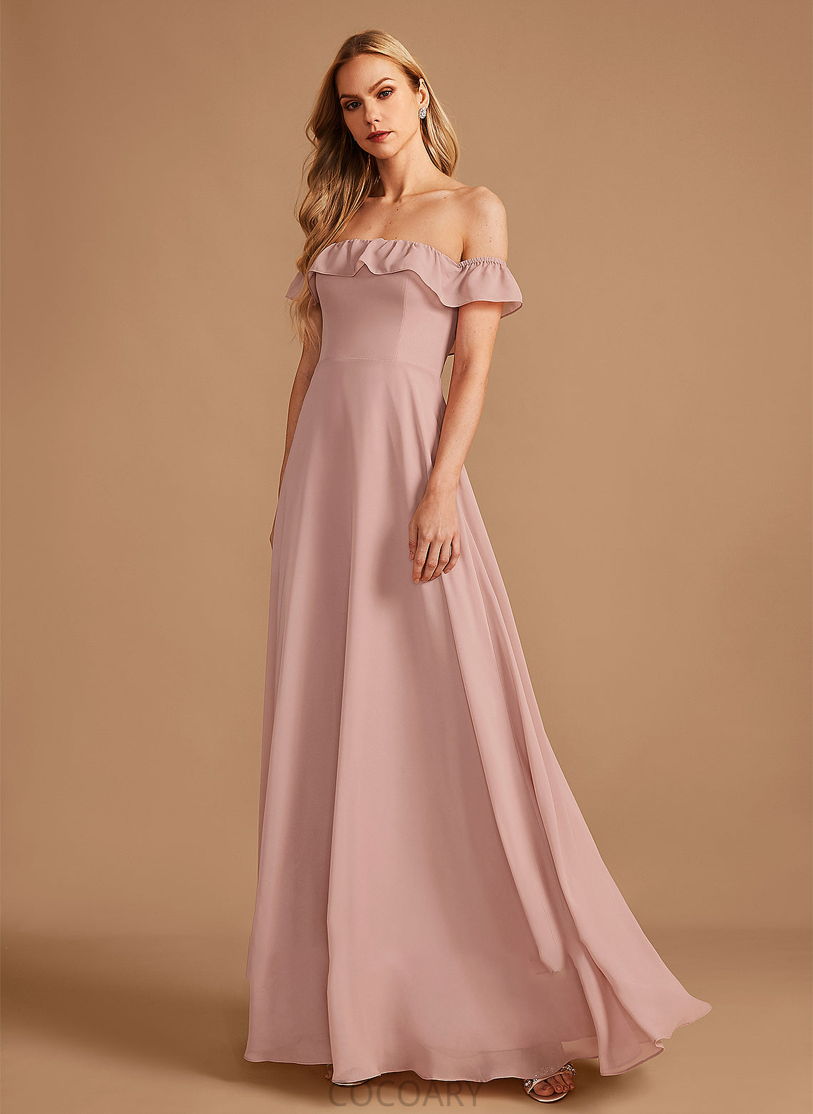 Length A-Line Ruffle Floor-Length Off-the-Shoulder Embellishment Fabric Silhouette Neckline Samantha Floor Length Natural Waist Bridesmaid Dresses