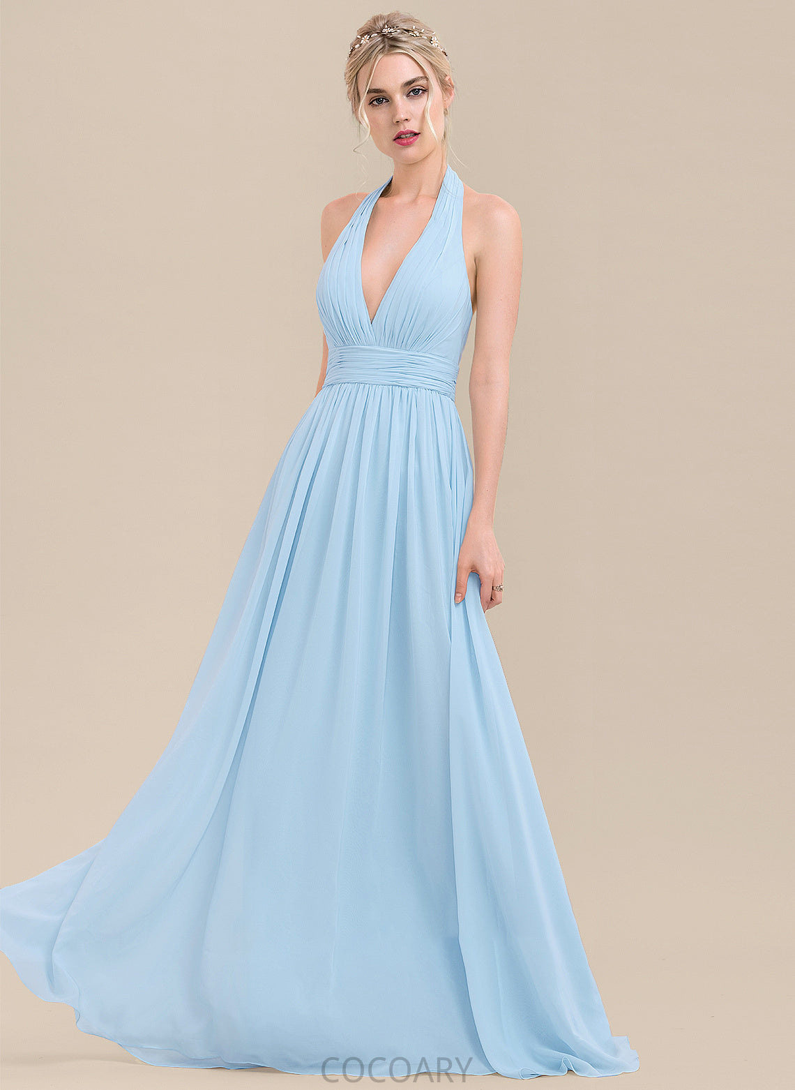 A-Line Ruffle Floor-Length Embellishment Fabric Neckline Halter Silhouette Length Adrianna Natural Waist Sleeveless Bridesmaid Dresses