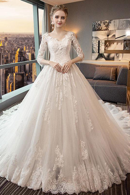 Chapel Train 3/4 Sleeve Appliques Ball Gown Wedding Dresses