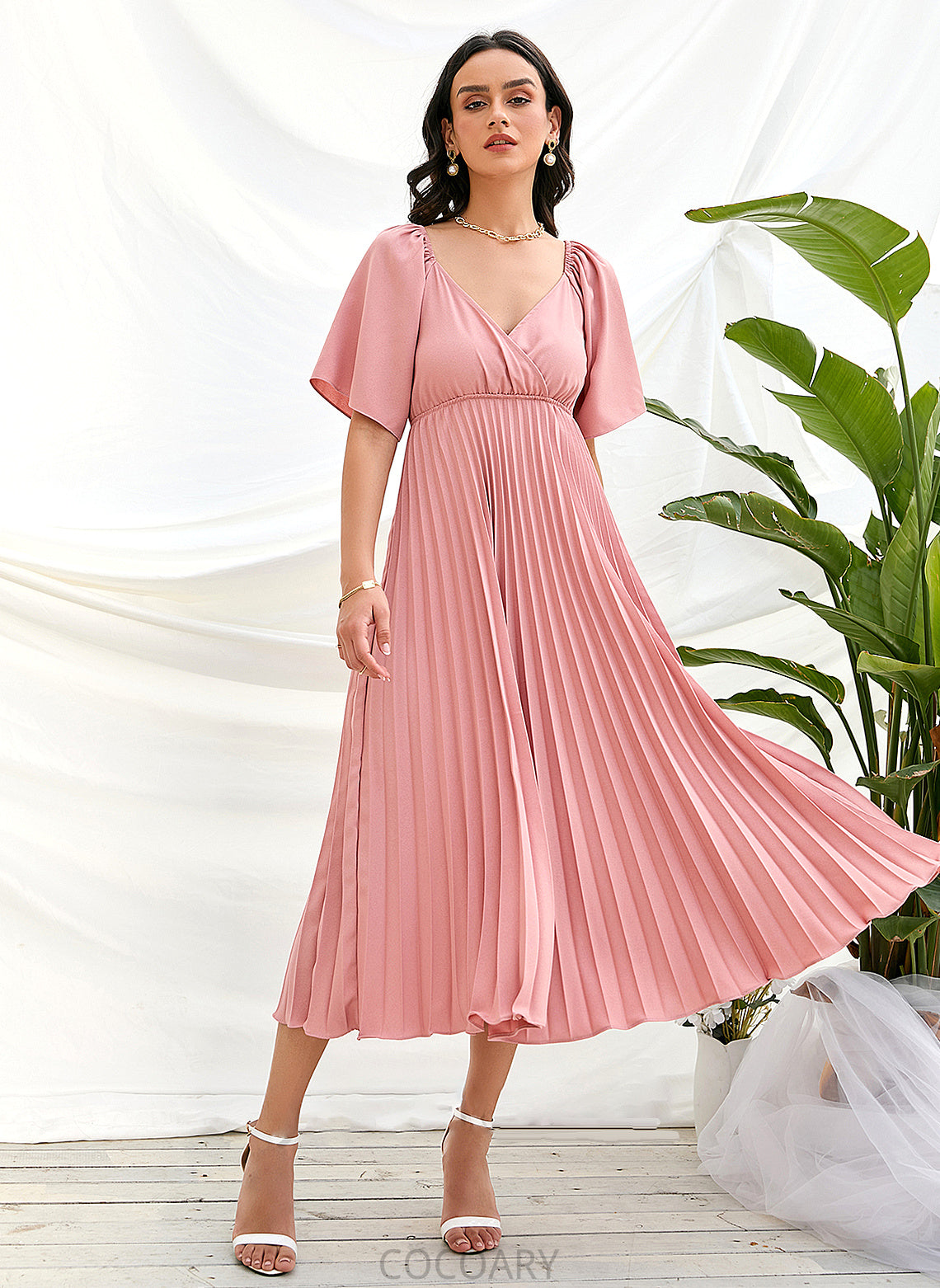 Length Tea-Length A-Line Fabric Embellishment V-neck Pleated Neckline Silhouette Janey Floor Length V-Neck Bridesmaid Dresses