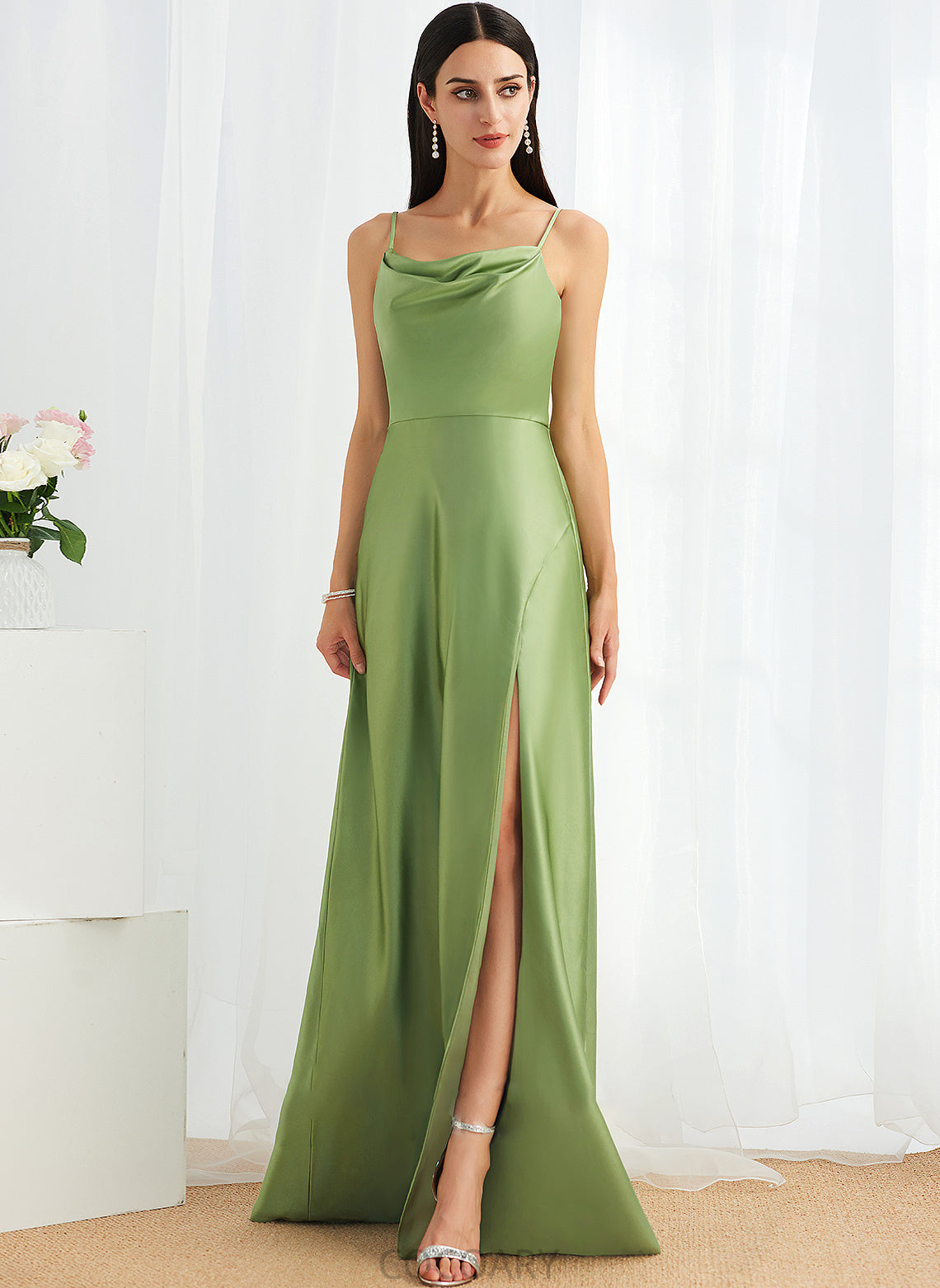 A-Line Length Floor-Length Silhouette Fabric SplitFront Neckline CowlNeck Embellishment Edith Natural Waist Straps Bridesmaid Dresses