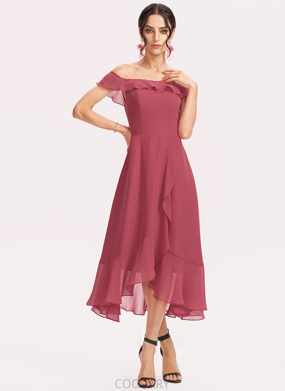 CascadingRuffles A-Line Silhouette Neckline Embellishment Length Off-the-Shoulder Tea-Length Fabric Macey Sleeveless Spandex Bridesmaid Dresses