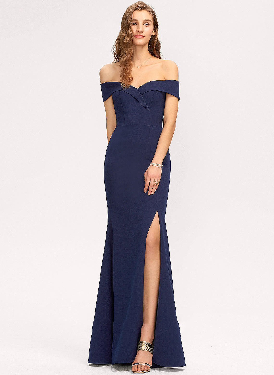 Trumpet/Mermaid SplitFront Neckline Floor-Length Embellishment Fabric Silhouette Length Off-the-Shoulder Stephany One Shoulder Natural Waist Bridesmaid Dresses