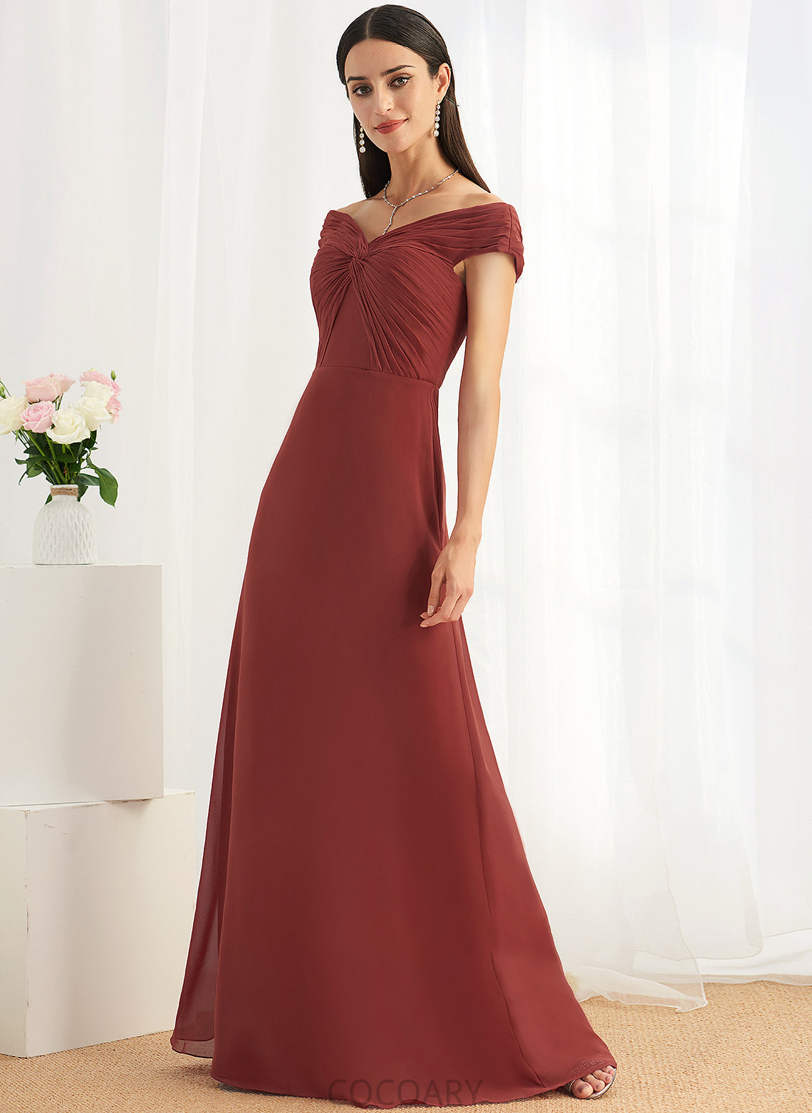 Neckline Floor-Length Sheath/Column Embellishment Fabric Silhouette Ruffle Off-the-Shoulder Length Alina V-Neck Sweep-Brush Train Bridesmaid Dresses