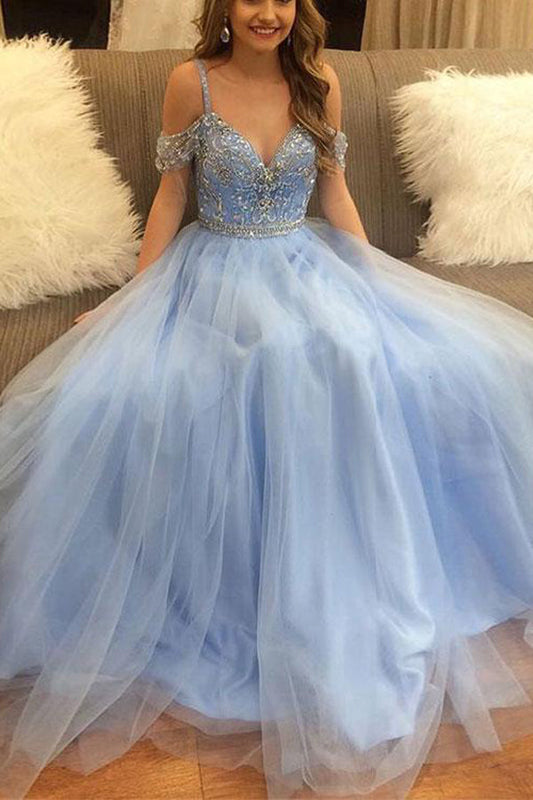 Light Blue A Line Brush Train Sweetheart Spaghetti Beading Tulle Prom Dresses