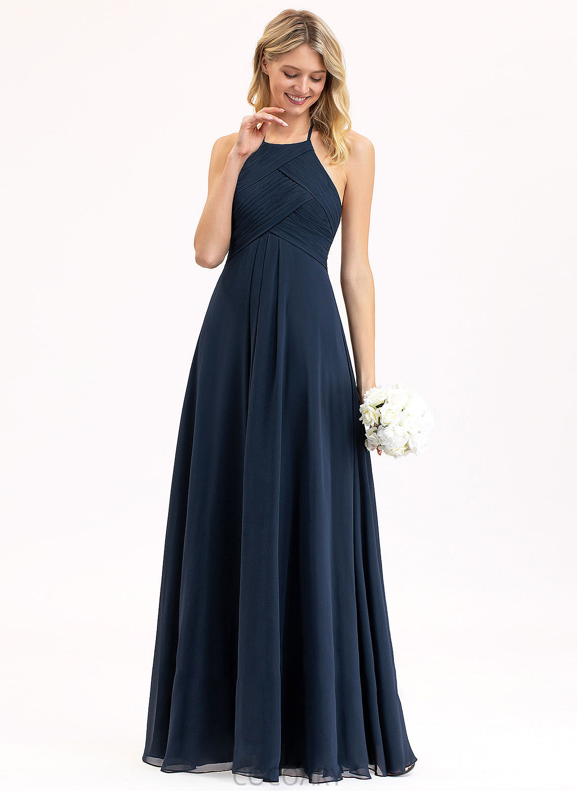 ScoopNeck Ruffle Fabric Floor-Length Silhouette Neckline Embellishment A-Line Length Rayna Straps A-Line/Princess Bridesmaid Dresses