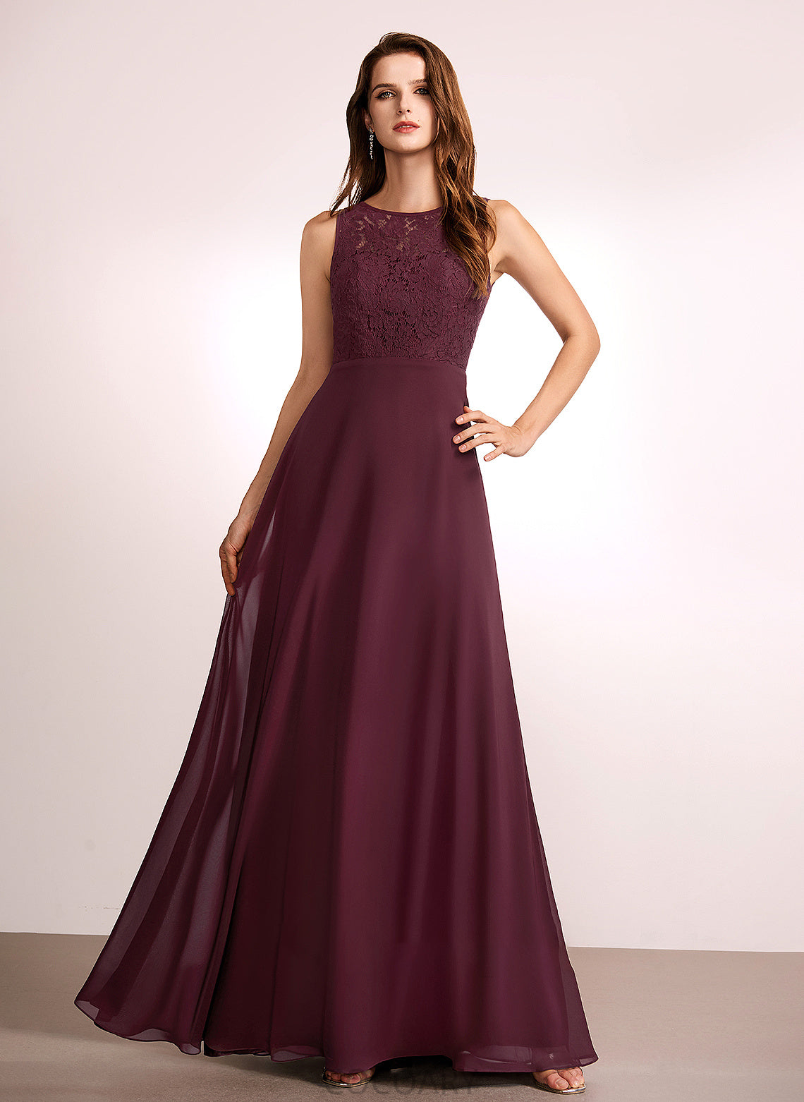 Lace Sleeve Floor-Length Fabric A-Line Straps Silhouette RegularStraps Length Leslie Spaghetti Staps Sleeveless Bridesmaid Dresses