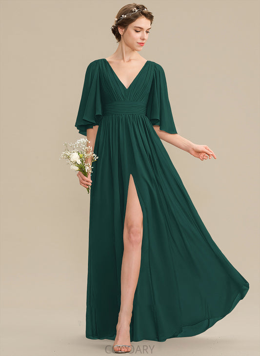 A-Line V-neck Fabric SplitFront Neckline Floor-Length Bow(s) Embellishment Length Silhouette Ruffle Shaylee Bridesmaid Dresses