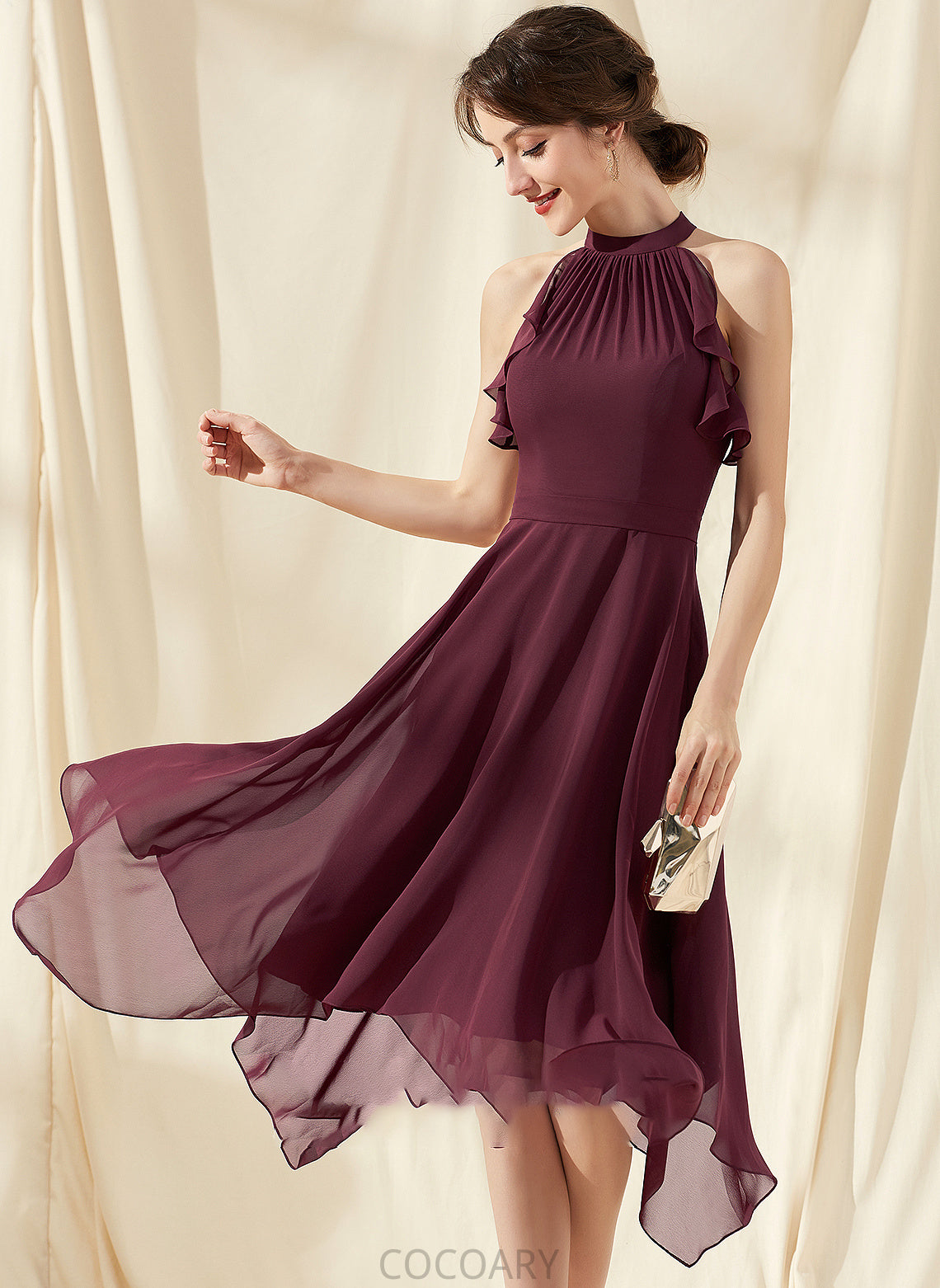 Length A-Line ScoopNeck Embellishment CascadingRuffles Silhouette Neckline Tea-Length Fabric Charlize A-Line/Princess V-Neck Bridesmaid Dresses