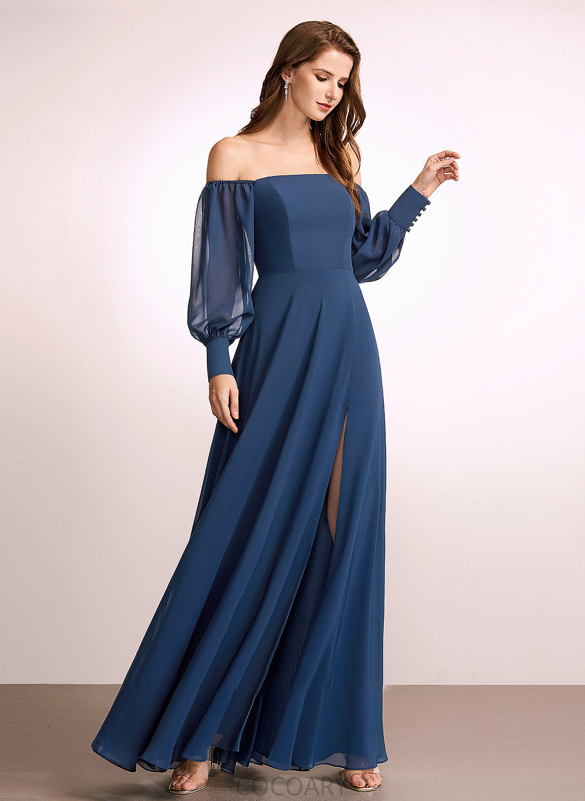 A-Line Silhouette Neckline Length Fabric Embellishment SplitFront Off-the-Shoulder Floor-Length Haven Natural Waist Floor Length Bridesmaid Dresses