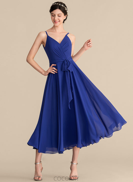 Tea-Length Neckline Silhouette Fabric Length Ruffle A-Line Bow(s) Embellishment V-neck Madilyn Sleeveless Bridesmaid Dresses