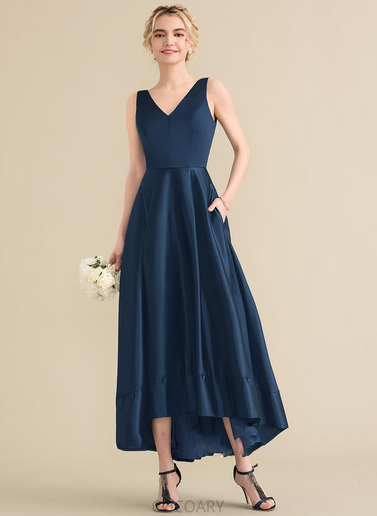 Length Satin Fabric V-neck Pockets Neckline Straps Asymmetrical Embellishment Alice A-Line/Princess Scoop Bridesmaid Dresses