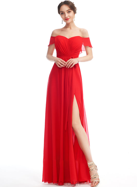 A-Line SplitFront Neckline Embellishment Length Floor-Length Ruffle Silhouette Fabric Off-the-Shoulder Alexis Natural Waist Bridesmaid Dresses