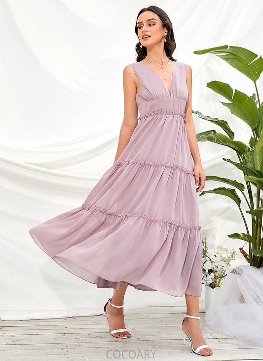 Fabric Silhouette Tea-Length V-neck Neckline Polyester Length A-Line Straps Zaria Scoop A-Line/Princess Bridesmaid Dresses