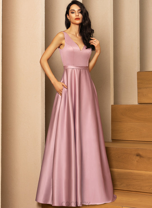 Neckline Straps Floor-Length V-neck Length Embellishment Satin Pockets Fabric Uerica Spaghetti Staps A-Line/Princess Bridesmaid Dresses