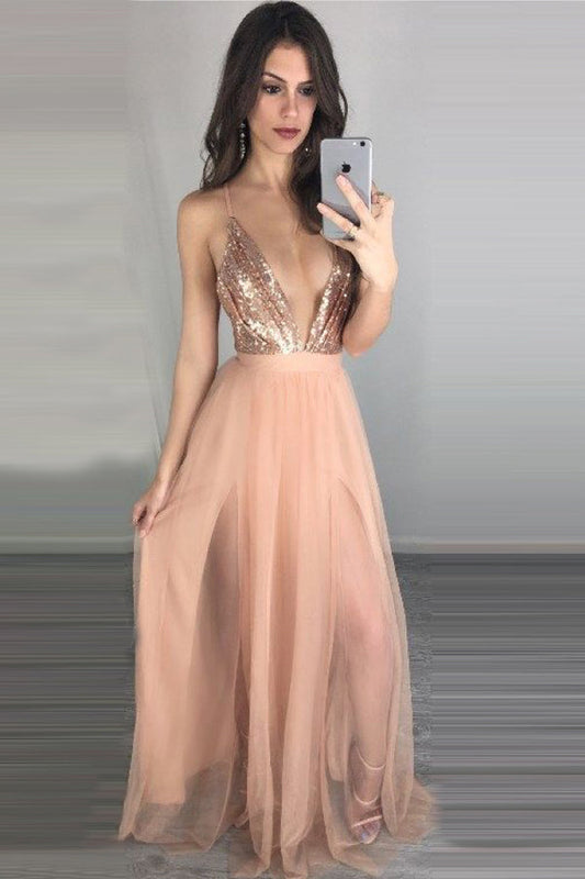 Pink A Line Floor Length Deep V Neck Sleeveless Backless Side Slit Prom Dresses