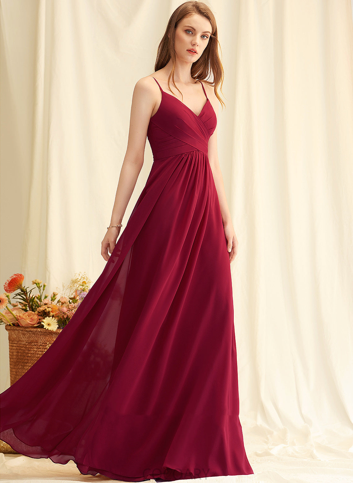 V-neck Length Neckline A-Line Floor-Length Fabric Silhouette Embellishment Ruffle Chasity Spaghetti Staps A-Line/Princess Bridesmaid Dresses