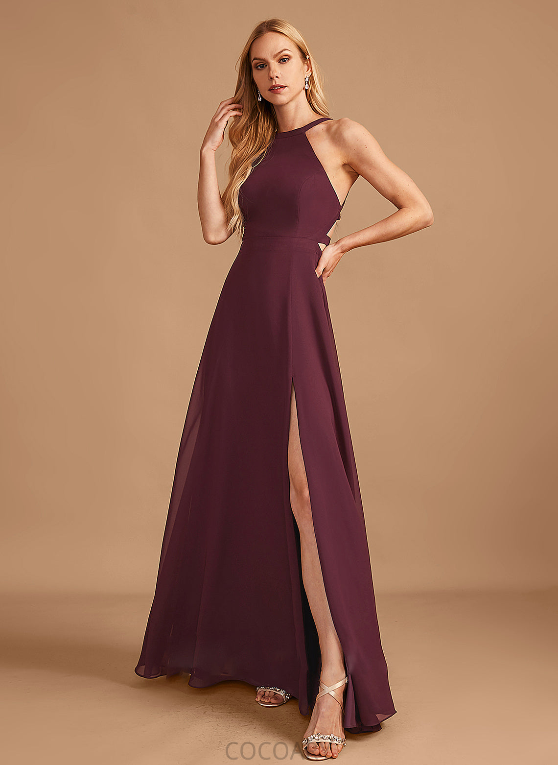 Fabric HighNeck SplitFront Length Embellishment Silhouette Floor-Length A-Line Neckline Elsie Empire Waist V-Neck Bridesmaid Dresses