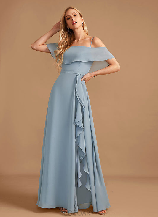 Embellishment A-Line Silhouette SplitFront Off-the-Shoulder Fabric Floor-Length Neckline Ruffle Length Gabriella Spaghetti Staps Bridesmaid Dresses