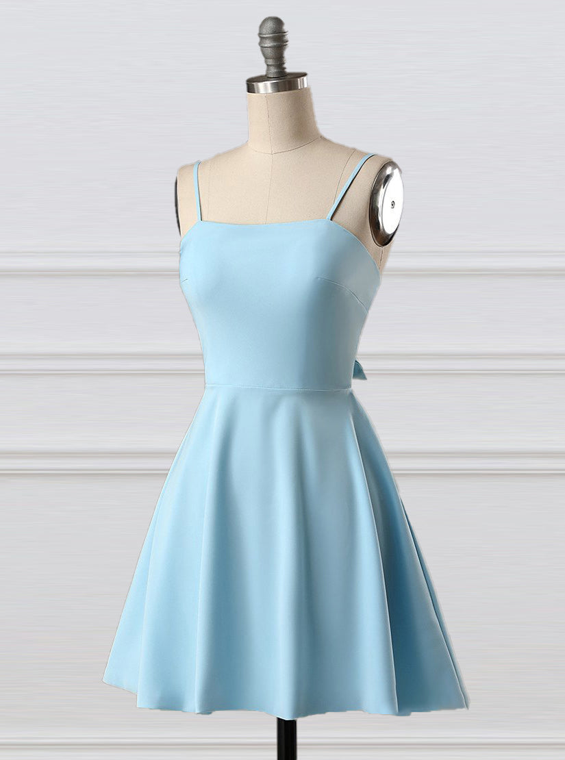 Blue A-Line Spaghetti Straps Short Satin Homecoming Dresses