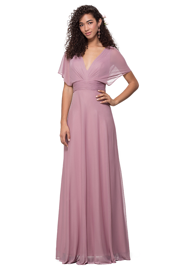 Nydia Chiffon V-Neck Short Sleeves Natural Waist Floor Length A-Line/Princess Bridesmaid Dresses