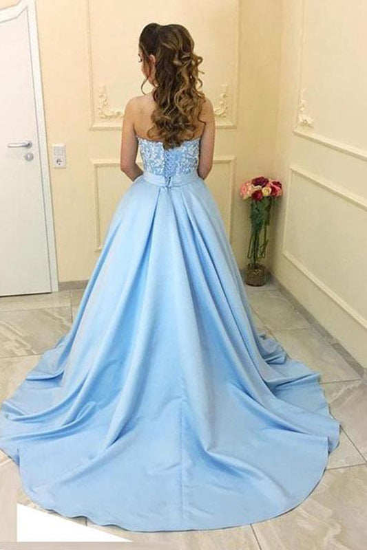 Delicate Sweetheart Blue Sweep Train Ball Gown Satin With Appliques Prom Dresses