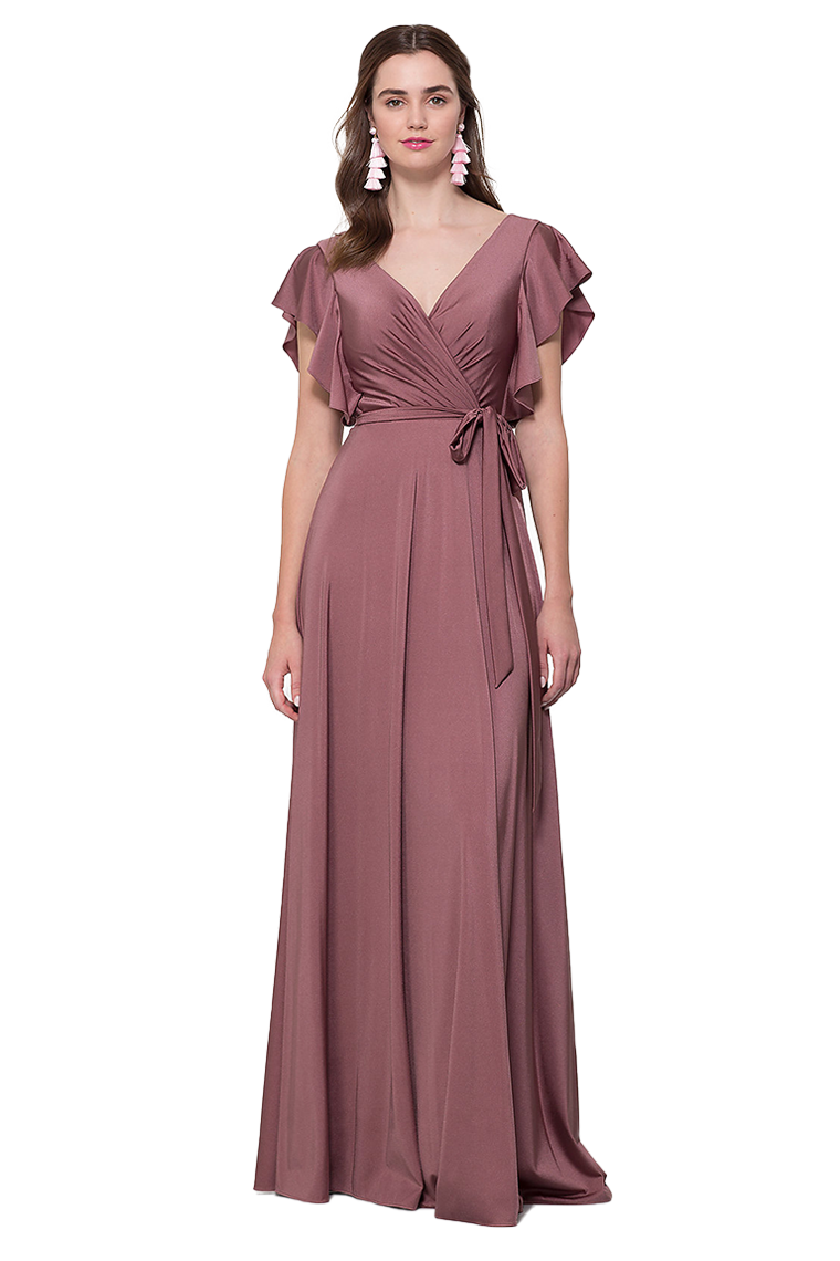 Elsa A-Line/Princess V-Neck Short Sleeves Floor Length Natural Waist Satin Bridesmaid Dresses