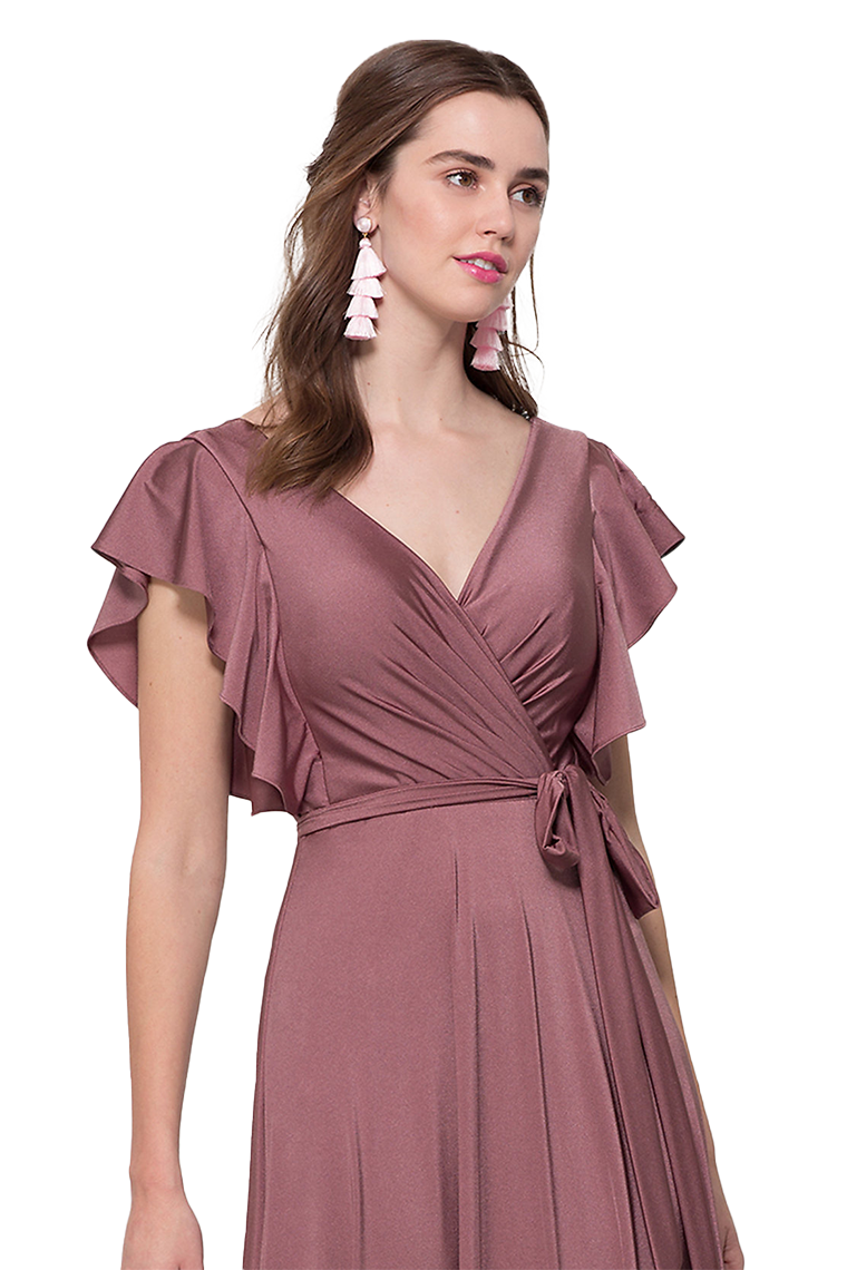 Elsa A-Line/Princess V-Neck Short Sleeves Floor Length Natural Waist Satin Bridesmaid Dresses