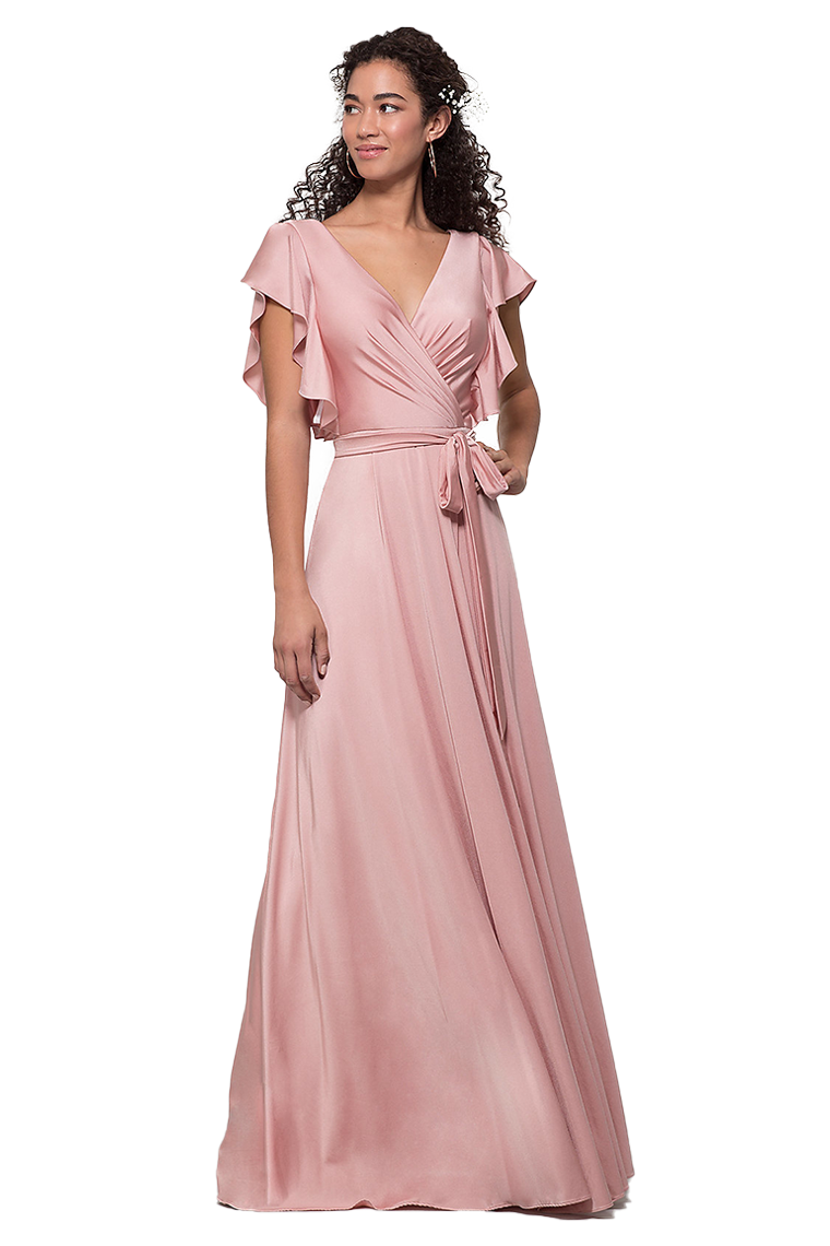 Elsa A-Line/Princess V-Neck Short Sleeves Floor Length Natural Waist Satin Bridesmaid Dresses