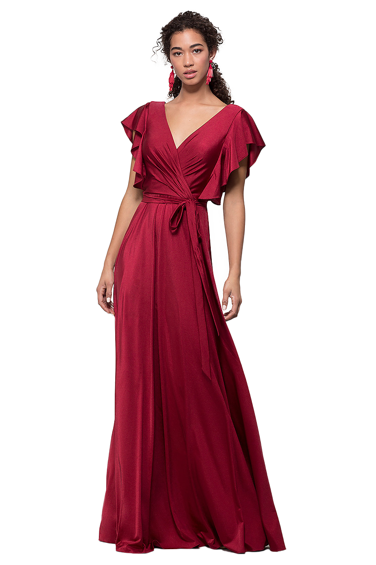 Elsa A-Line/Princess V-Neck Short Sleeves Floor Length Natural Waist Satin Bridesmaid Dresses