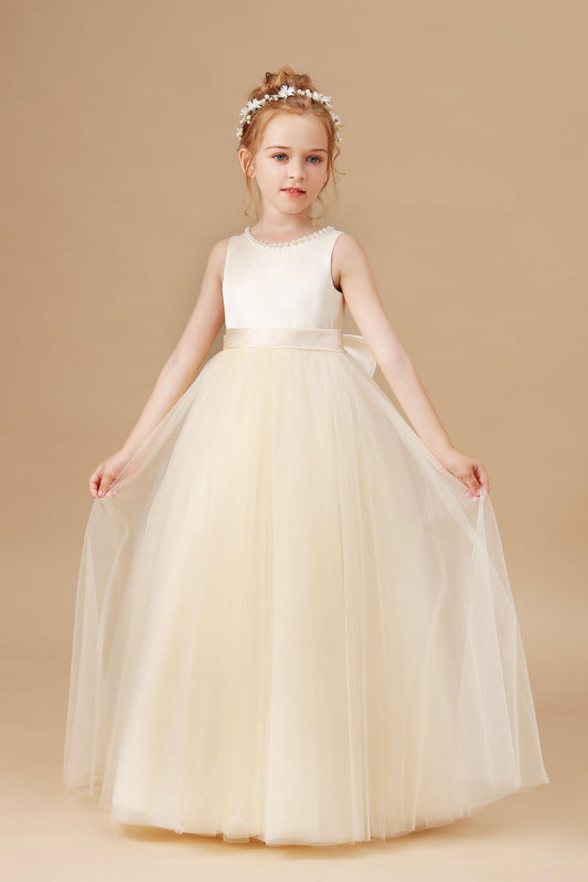 Champagne Sleeveless Tulle Satin Flower Girl Dresses With Bow