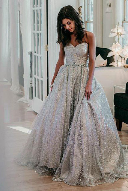 Sparkly A-line Sweetheart Silver Prom Dresses Long Formal Gown