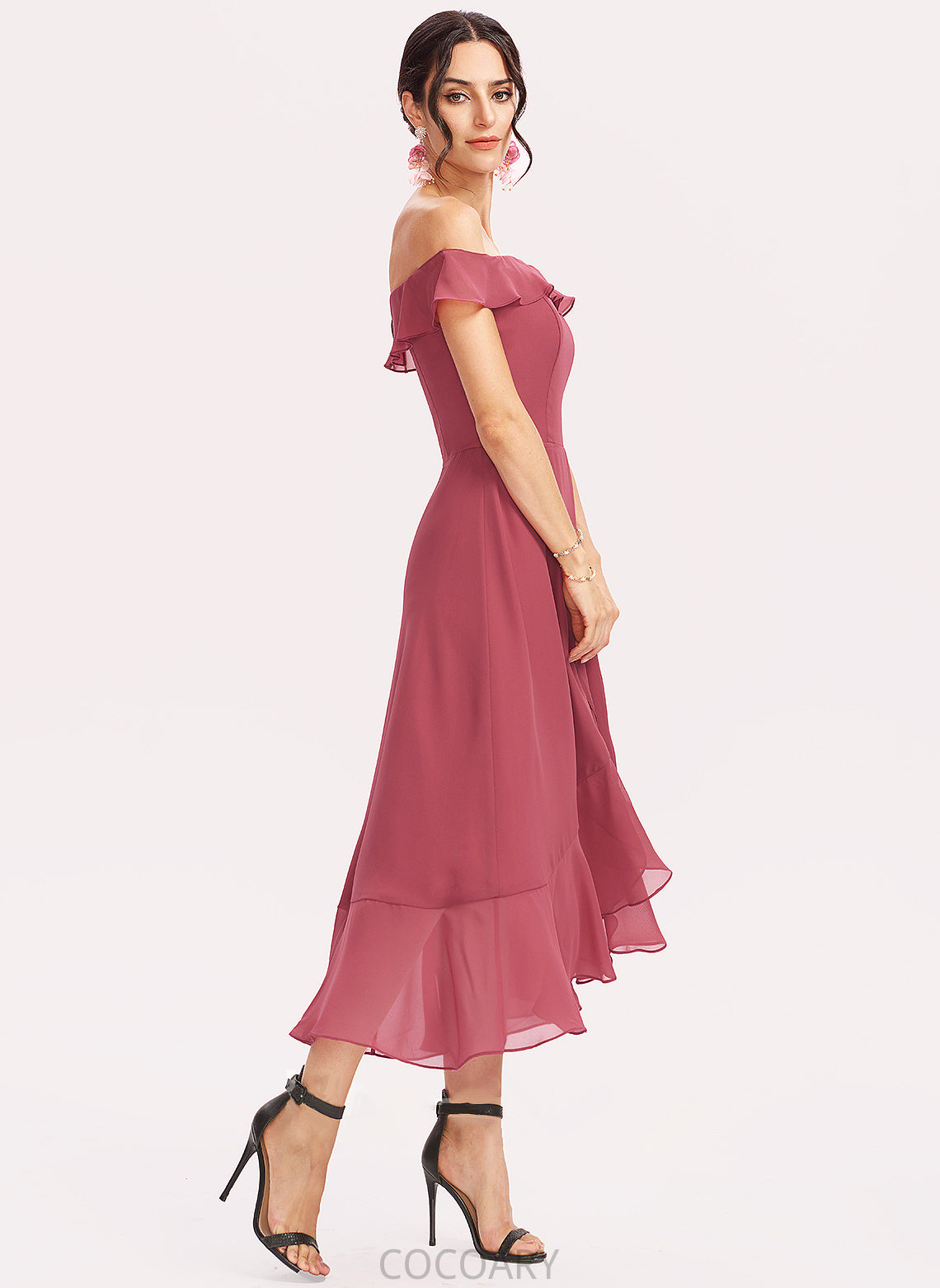 CascadingRuffles A-Line Silhouette Neckline Embellishment Length Off-the-Shoulder Tea-Length Fabric Macey Sleeveless Spandex Bridesmaid Dresses