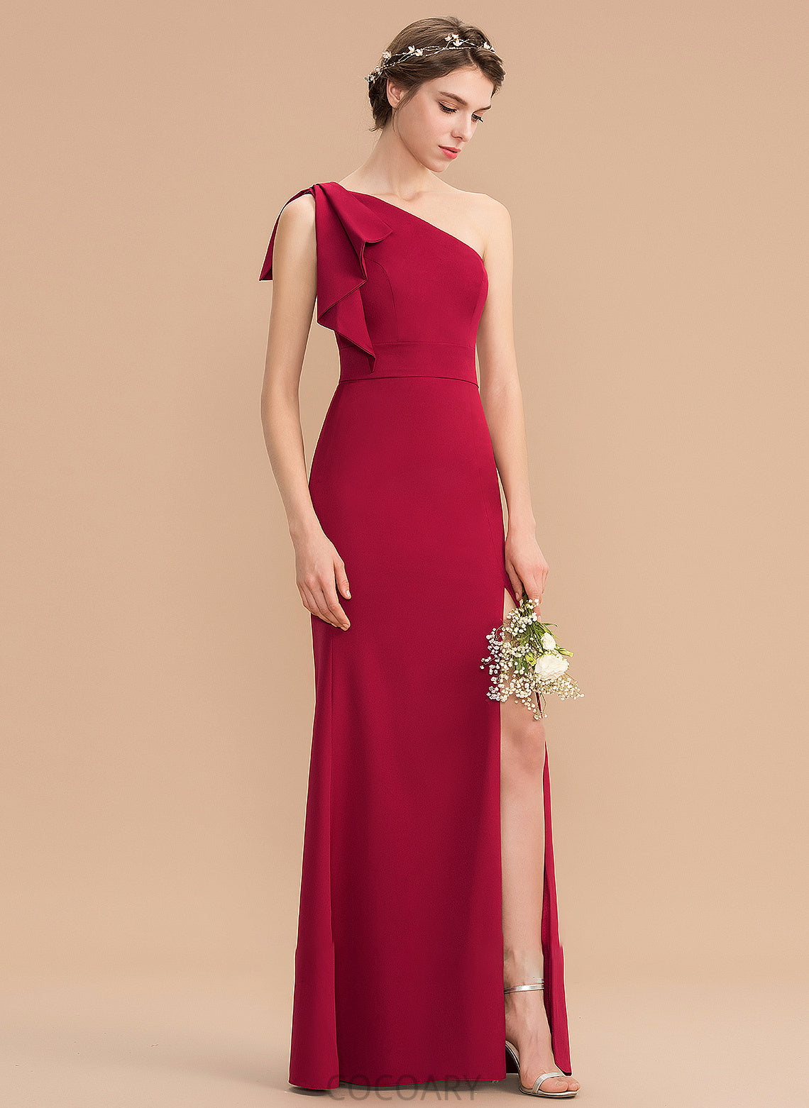 Fabric Sheath/Column SplitFront One-Shoulder Embellishment Neckline Floor-Length Length Silhouette Hortensia Sleeveless Floor Length Bridesmaid Dresses