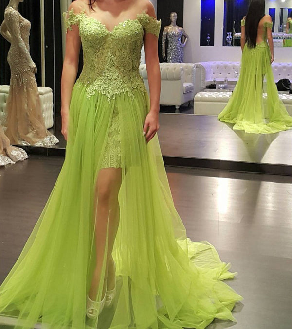 Green A Line Sweep Train Off Shoulder Sheer Back Appliques Prom Dresses