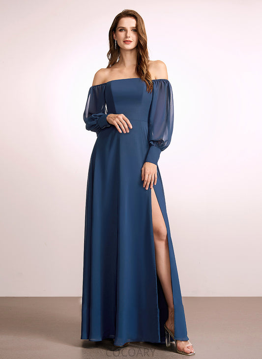 Off-the-Shoulder A-Line Floor-Length Fabric Neckline Silhouette Embellishment SplitFront Length Alisa Floor Length Sleeveless Bridesmaid Dresses