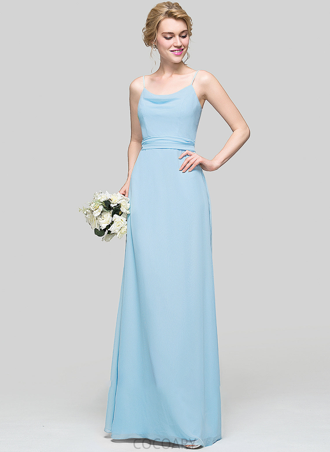 Fabric Floor-Length Silhouette Neckline Ruffle Embellishment A-Line CowlNeck Length Chanel Floor Length A-Line/Princess Bridesmaid Dresses