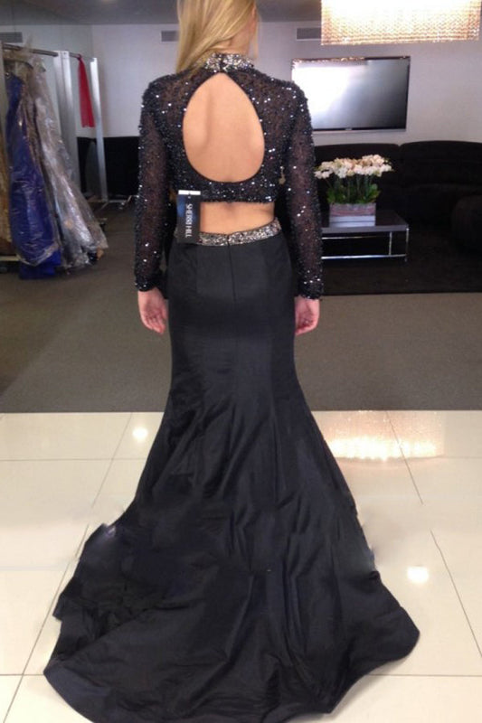 Black Two Piece Trumpet Sweep Train Long Sleeve Beading Prom Dresses