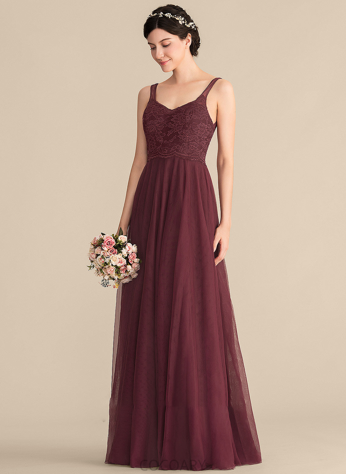 Length Silhouette V-neck A-Line Floor-Length Neckline Straps Lace Tulle Fabric Skyla Floor Length Bridesmaid Dresses