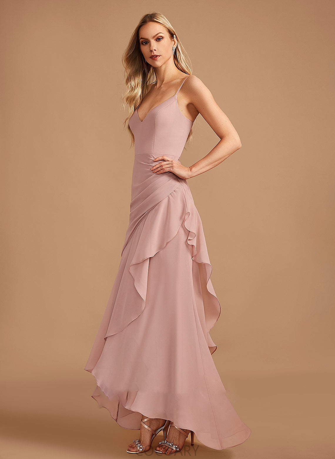 Asymmetrical Silhouette V-neck Ruffle Trumpet/Mermaid Embellishment Length Neckline Fabric Ana Spaghetti Staps Floor Length Bridesmaid Dresses