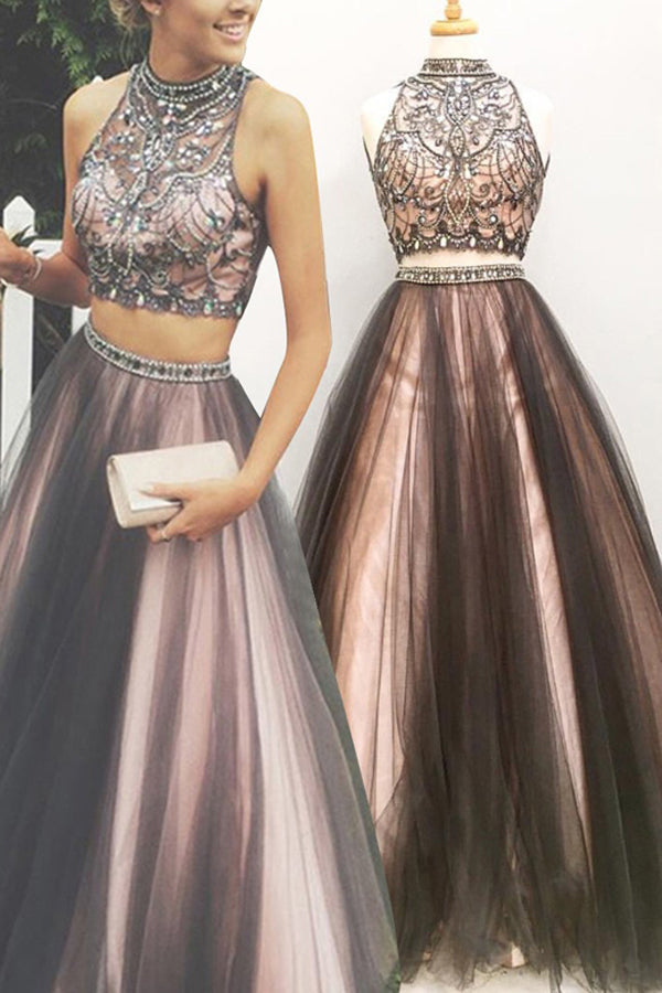 Two Piece A Line Halter Sleeveless Keyhole Back Beading Prom Dresses