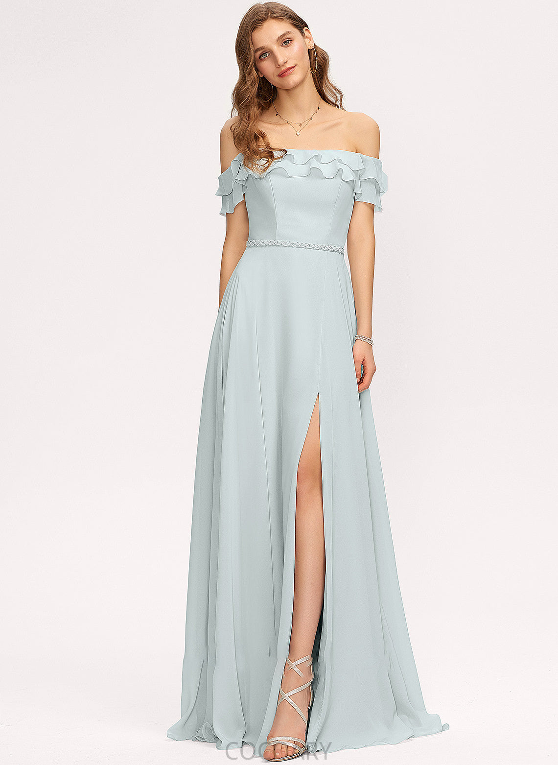 SplitFront Off-the-Shoulder Floor-Length Silhouette Length CascadingRuffles Beading Neckline Fabric Embellishment A-Line Minnie Bridesmaid Dresses