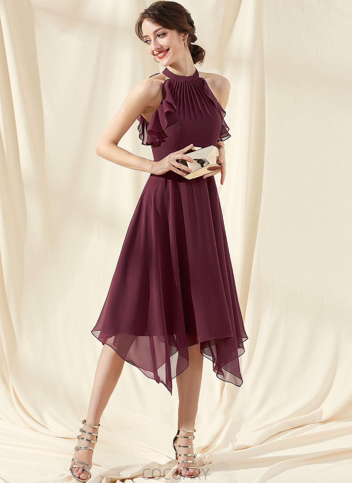 Length A-Line ScoopNeck Embellishment CascadingRuffles Silhouette Neckline Tea-Length Fabric Charlize A-Line/Princess V-Neck Bridesmaid Dresses