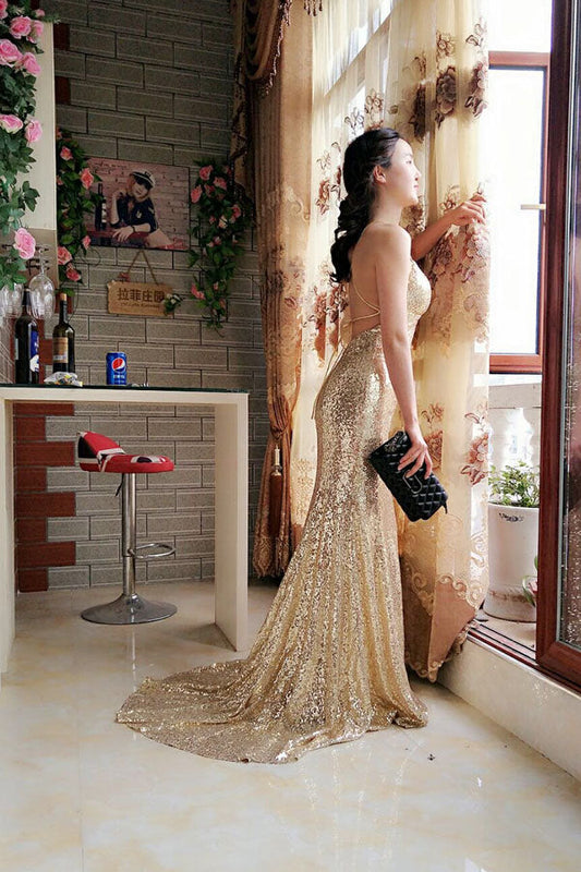 Sparkle Golden Sheath Sweep Train Deep V Neck Sleeveless Backless Sequin Long Prom Dresses